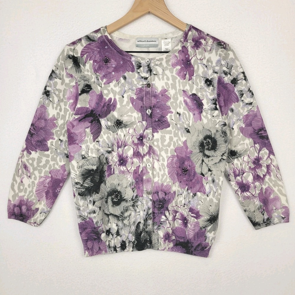 Alfred Dunner Cardigan Sweater‎ Womens PXL Floral Beaded Botanical Grandmacore